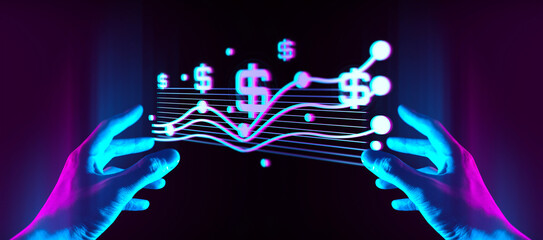 The hand of a businessman interactive touching a holographic of a money dollar financial network, symbolizing the possession of technology artificial intelligence