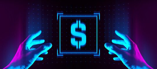 The hand of a businessman interactive touching a holographic of a money dollar financial network,...