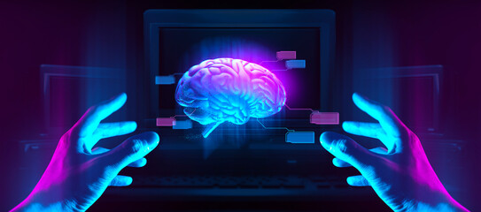 The hand of a businessman interactive touching a holographic of a brain network, symbolizing the...