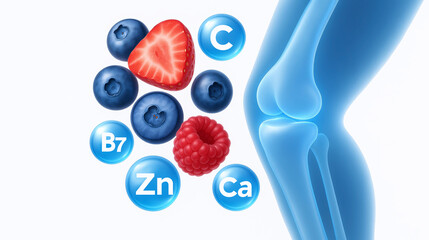 A digital illustration of fruits, vitamins, and minerals next to a human knee, symbolizing nutrition for joint health.