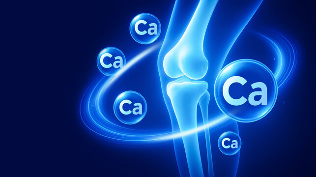 A human knee joint with calcium symbols highlighting bone health and calcium's importance in the body.