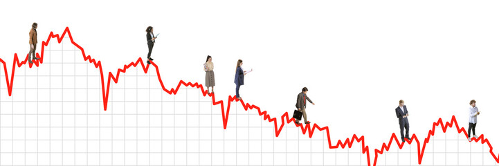 Plakat Contemporary collage. Red graph line cutting through 3D space with professionals standing scattered on grid. Decline in economy visualized as shared landscape. Concept of economic, finance, crisis.