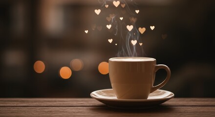 Coffee Cup with Hearts and Steam on Wooden Table