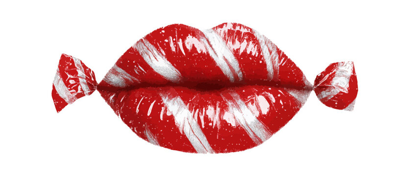Bright red lips shaped like candy create a fun and imaginative visual experience. The shiny texture and stripes enhance their playful essence, inviting curiosity and delight.
