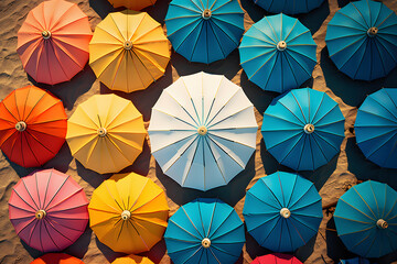 Multicolored umbrellas of various shapes and sizes arranged in a visually striking pattern creating a bright abstract and colorful background
