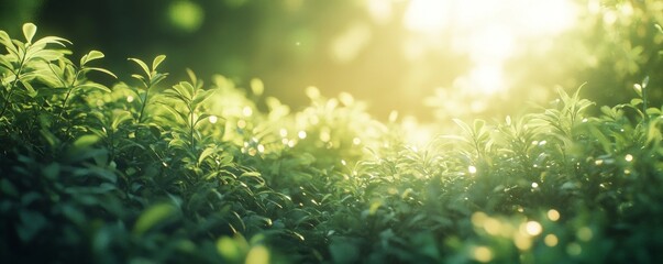 Lush Green Foliage with Dew Drops and Sunlight in a Natural Setting Features a Close Up View of Vibrant Green Leaves with a Bokeh Background and a Refreshing Natural Ambience