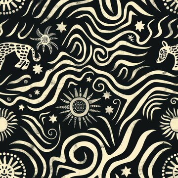 seamless pattern of abstract African animal silhouettes, tribal shapes and symbols, earthy color tones