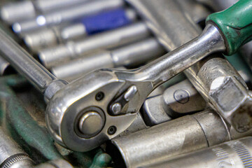 Closeup photo shoot of different nesessary tools and parts in every man's garage.Auto check up and...