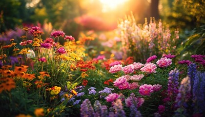 Naklejka premium Colorful flower garden glowing under the setting sun.