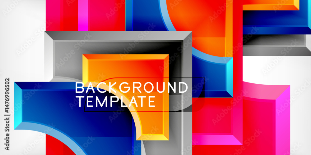 Poster Bright geometric shapes overlap, creating modern abstract background. Vivid colors contrast against dark space. Design feels dynamic, fresh.