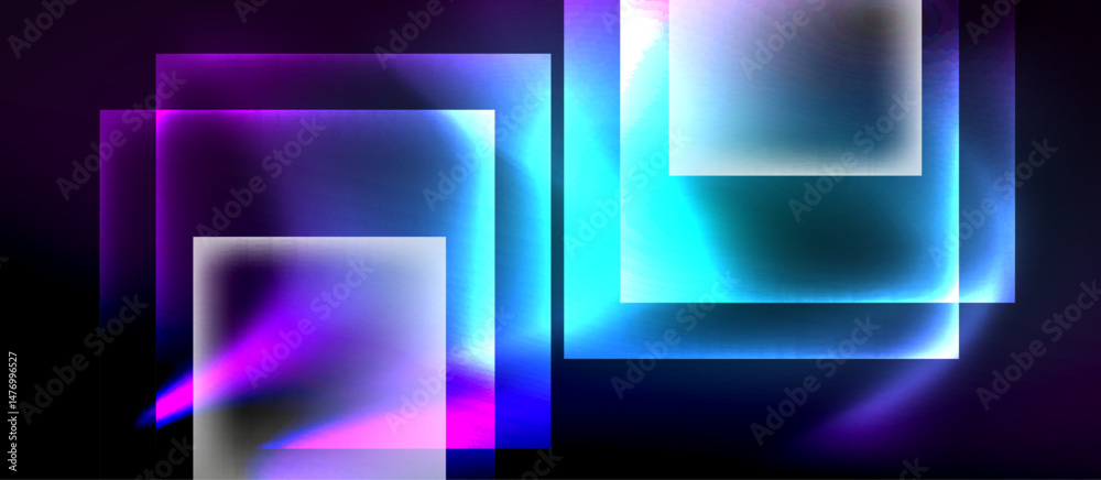 Poster abstract neon squares overlap, creating vibrant light effects against dark background. modern digita