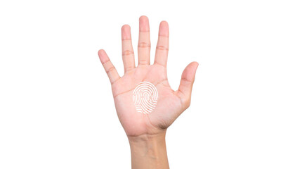 Biometric fingerprint scan with a digital hand hovering over a sensor, representing advanced authentication technology and secure access control, isolated on a solid white background in 
Png