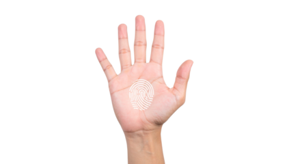 Biometric fingerprint scan with a digital hand hovering over a sensor, representing advanced authentication technology and secure access control, isolated on a solid white background in 
Png