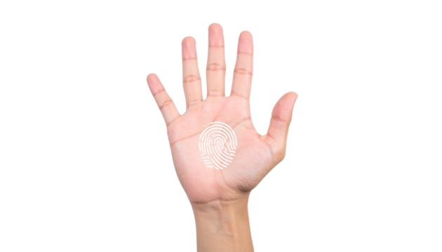 Biometric fingerprint scan with a digital hand hovering over a sensor, representing advanced authentication technology and secure access control, isolated on a solid white background in 
Png