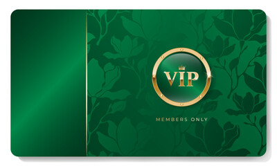 Green and gold luxury premium VIP card with crown, floral pattern for club members only, casino, invitation. Vector illustration