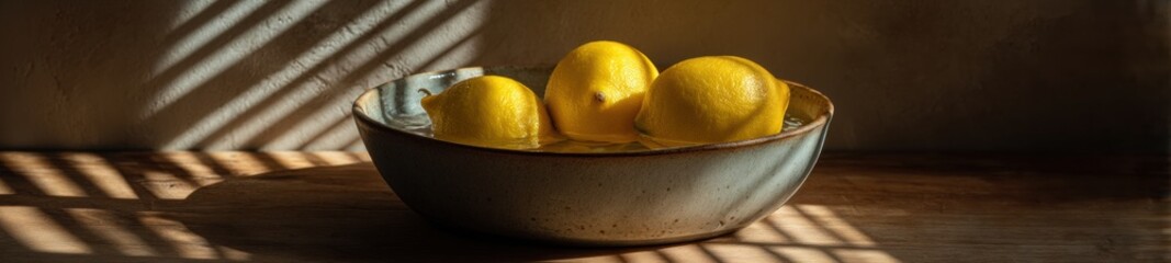 Lemons Floating in a Ceramic Sink with Afternoon Light