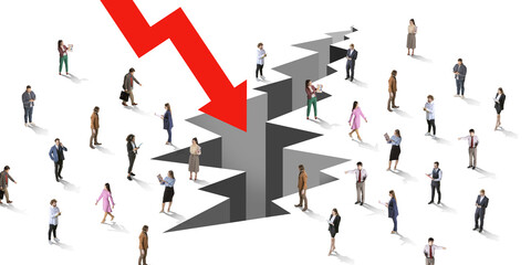 Creative art collage. People scattered around huge red arrow falling into cracked ground symbolizing financial disaster and broken economy. Concept of economic, finance, money, crisis.