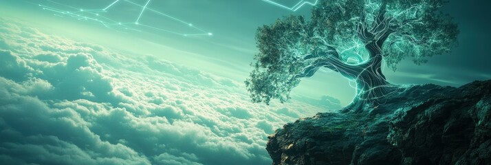 Obraz premium Ancient tree on cloudy cliff illuminated by mystical glowing lines and futuristic sky with greenish hue and surreal atmosphere. Symbiosis of nature and technology