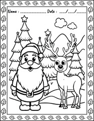 Santa Claus Christmas Coloring Pages.  High resolution (300 DPI), ready to print on standard 8.5x11 inch paper With No Bleed, Black and White Vector illustration AI, EPS, PNG, JPEG.