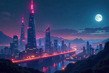 Obraz premium Futuristic cityscape at night, glowing towers and flying vehicles , vibrant, vehicles, shine