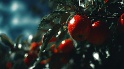 Red apples hanging on a branch.