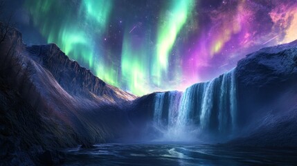 Fototapeta premium Aurora borealis over waterfall and mountains