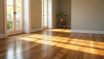 Fototapeta premium Clean, polished hardwood floor indoors, reflecting light , reflection, grain