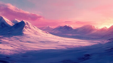 Pink sunset over snowy, majestic mountains.