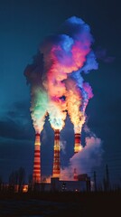 Colorful smoke plumes rise from industrial towers at night.