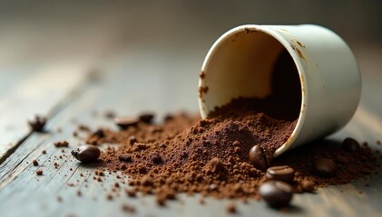 Close-up of a broken coffee cup, scattered coffee grounds, spilled coffee , texture, kitchen