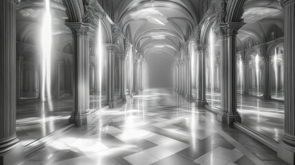 Serene grayscale colonnade, ethereal light beams.