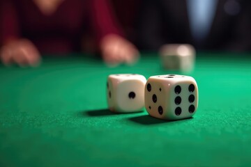 Close-up of a pair of dice on a green felt casino table, ready to be rolled , stakes, fortune, hazard