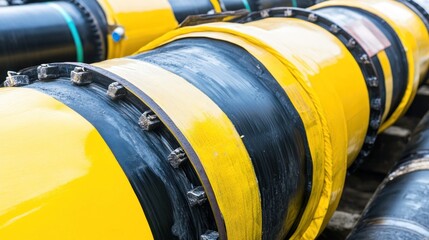 Close-up of large industrial pipes with yellow and black sections, featuring multiple connection points