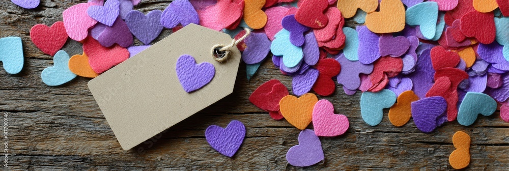 Poster Heart-shaped Confetti Scattered Across a Rustic Wooden Table With a Blank Tag for Personalization