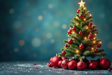 Fototapeta premium A beautifully decorated Christmas tree stands tall, adorned with ornaments and twinkling lights against a blurred background , happy holidays, baubles