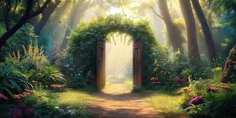 Fototapeta premium Wooden gate arched with vines in lush forest, sunlit pathway surrounded by flowers.