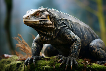 Obraz premium Close Up Portrait Of A Dark Iguana On Mossy Rock