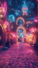 Enchanting neon-lit alleyway, magical night scene.