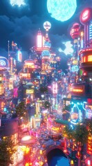 Vibrant futuristic cityscape under a glowing moon