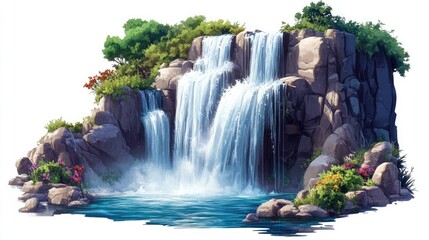 Naklejka premium Illustration of a waterfall cascading over rocks with lush vegetation and a pool of water below