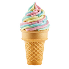 Colorful ice cream cone with swirled pastel toppings against a plain background