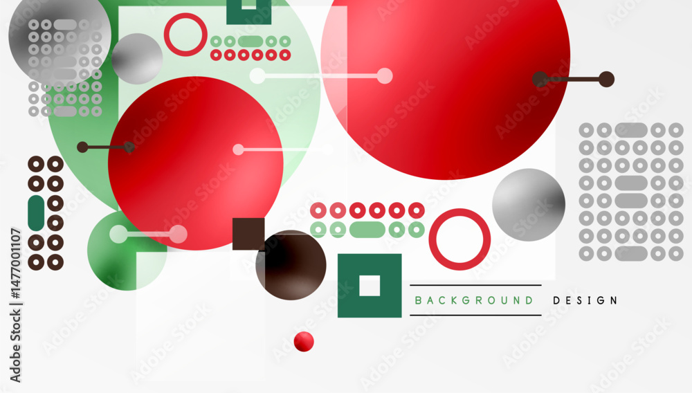 Poster Abstract geometric composition. Red circles dominate, with green, gray accents. Dots connect shapes, creating dynamic visual flow. Minimalist design.
