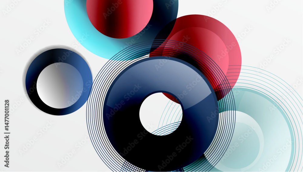 Poster abstract composition featuring overlapping circles, lines. colors include red, blue, turquoise. mode