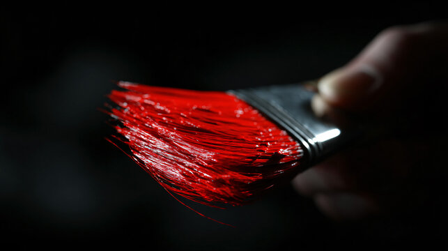 Red paintbrush stroke art, hand holding a paintbrush with vibrant color.