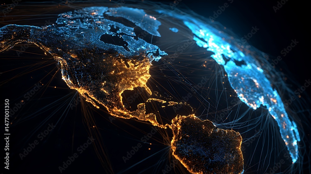 Poster Dynamic digital world map emphasize america continent for ai powered global network connectivity big data transfer cyber technology network information exchange and telecommunication