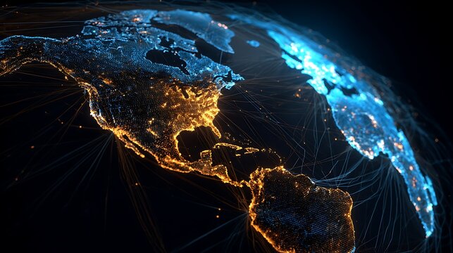 Dynamic digital world map emphasize america continent for ai powered global network connectivity big data transfer cyber technology network information exchange and telecommunication