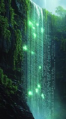 Enchanting digital waterfall cascades with green light and binary code integrating nature and technology in a futuristic landscape. Symbiosis of nature and technology