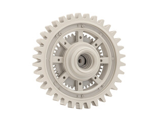 3D render of a simple, clean gear icon. No background, gray color on a transparent background