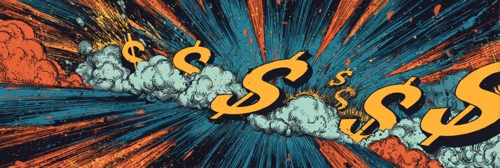 Dynamic Explosion of Dollar Signs With Vibrant Colors and Energetic Background Effects Showcasing Financial Success and Growth