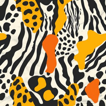 seamless pattern of abstract animal shapes, giraffe spots, zebra stripes, and leopard print, modern pattern style